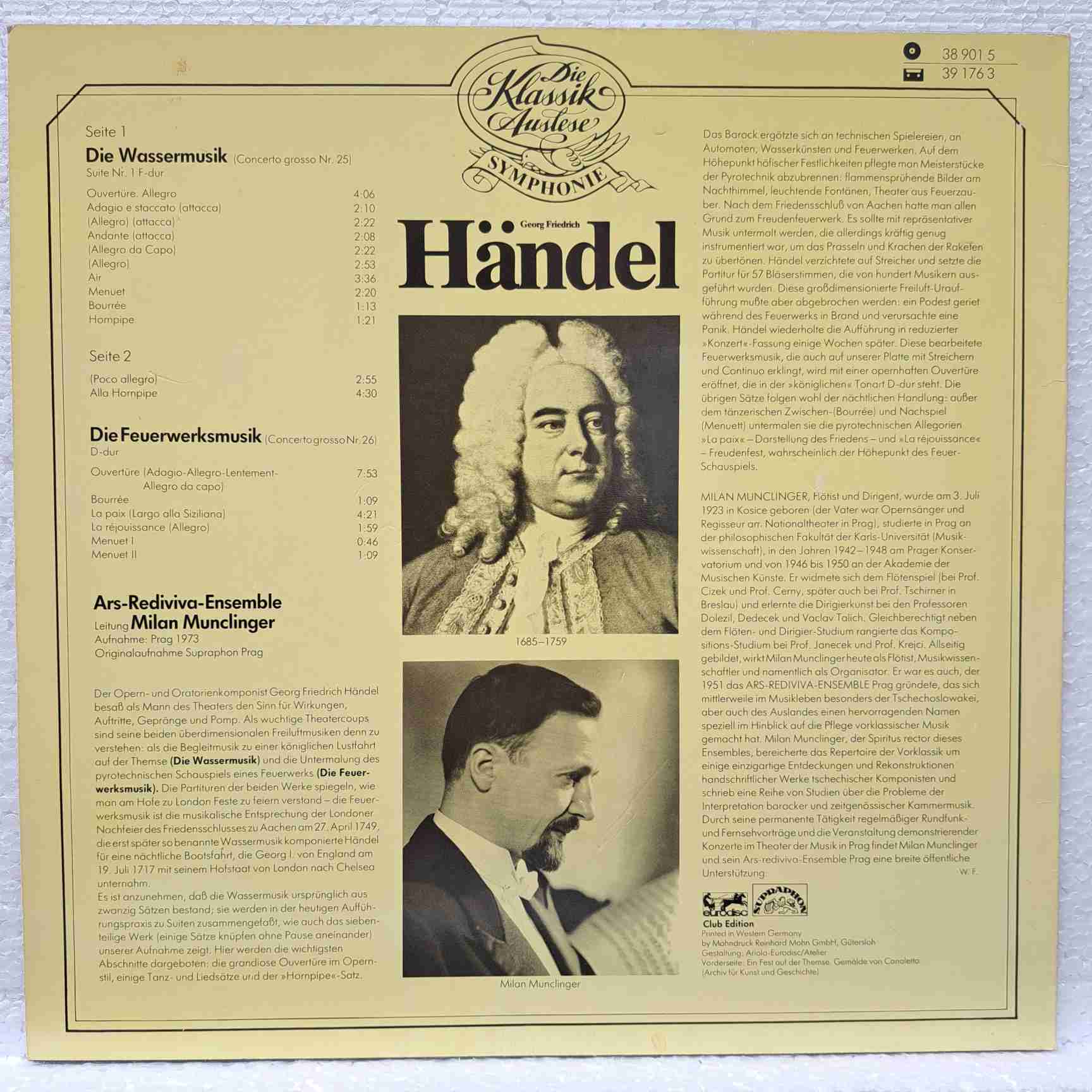 Händel, Ars Rediviva Ensemble, Milan Munclinger – Wassermusik Feuerwerksmusik - Disc VINIL LP VG - imagine 3