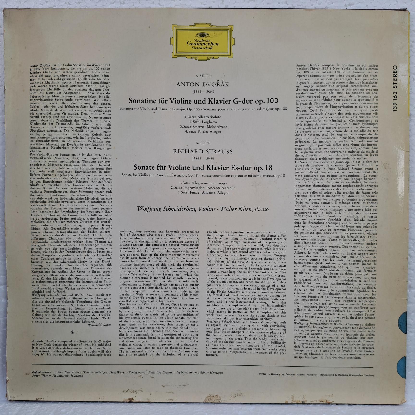 Anton Dvořák, Richard Strauss, Wolfgang Schneiderhan, Walter Klien – Sonatine Op. 100 - Sonate Op. 18Disc VINIL LP VG (box 8) - imagine 3