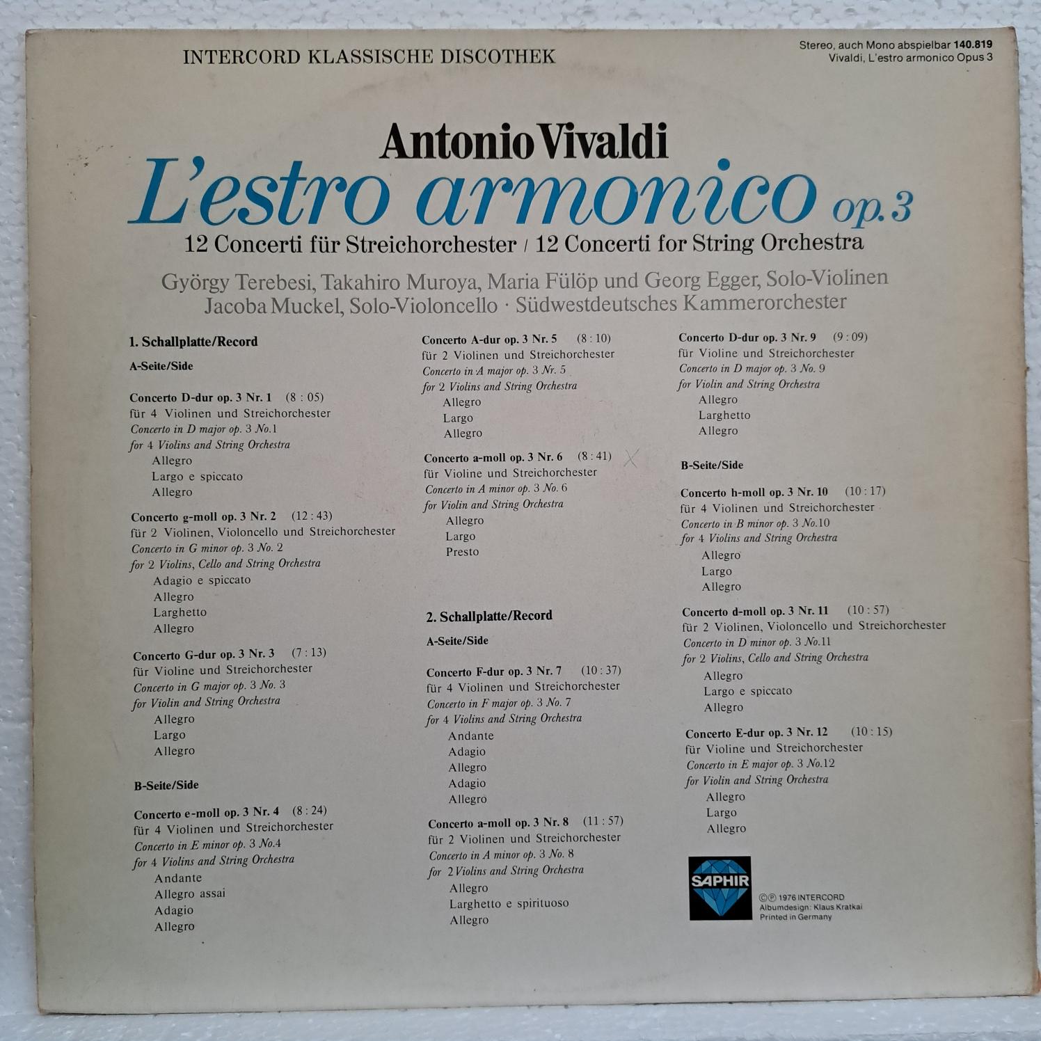 Antonio Vivaldi, Südwestdeutsches Kammerorchester – L'estro armonico op. 3 Vol. 2 - Concerti für Streichorchester Nr. 7-12 Disc VINIL 2LP VG (box4) - imagine 2