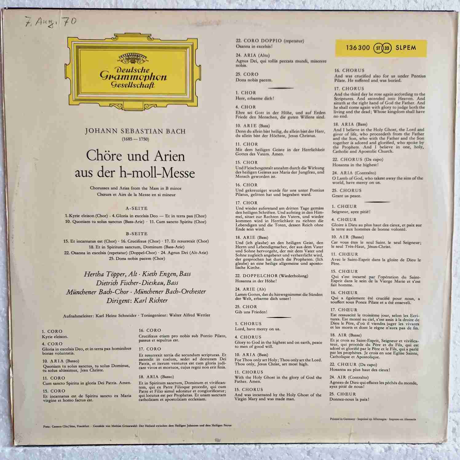 Bach* – Chöre Und Arien Aus Der H-Moll-Messe. Excerpts From The Mass In B Minor. Extraits De La Messe En Si Mineur Disc vinil LP - imagine 2