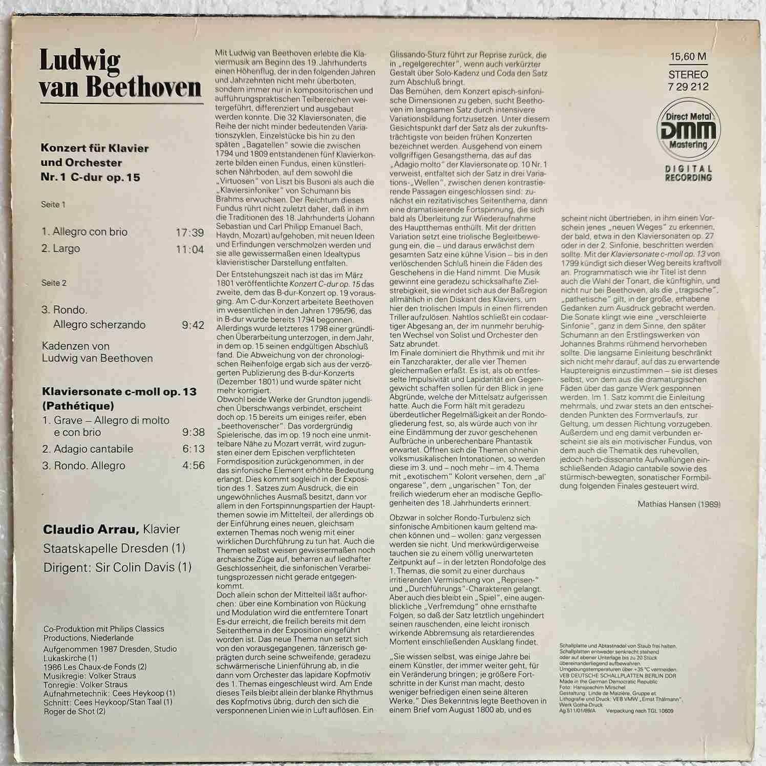 Beethoven* - Claudio Arrau, Staatskapelle Dresden, Sir Colin Davis – Klavierkonzert Nr. 1 C-dur Op. 15 / Klaviersonate C-moll Op. 13 (Pathétique) Disc vinil LP - imagine 2