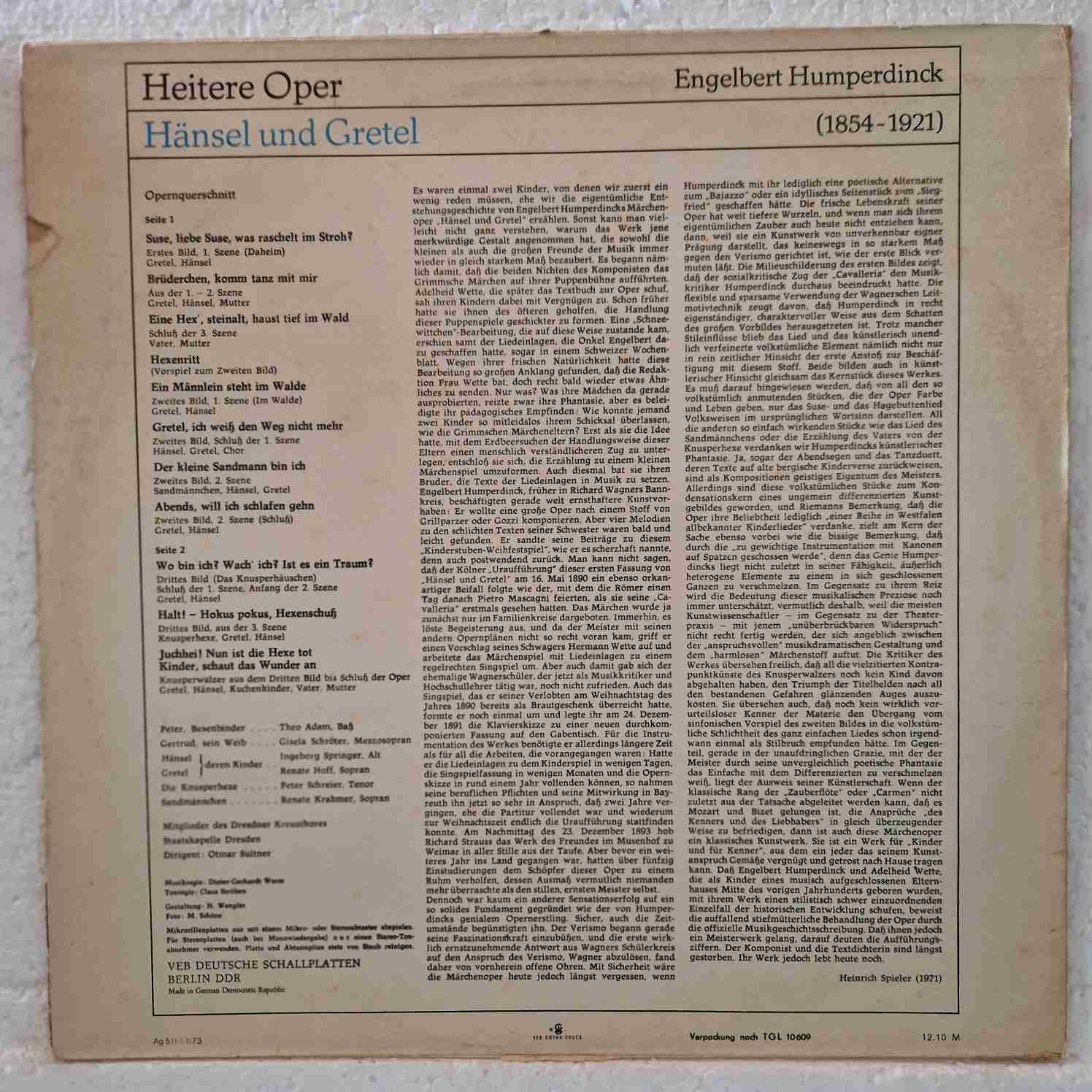 Engelbert Humperdinck (2), Renate Hoff, Ingeborg Springer, Renate Krahmer, Gisela Schröter, Peter Schreier, Theo Adam, Dresdner Kreuzchor, Staatskapelle Dresden, Otmar Suitner – Hänsel Und Gretel Disc vinil LP - imagine 2