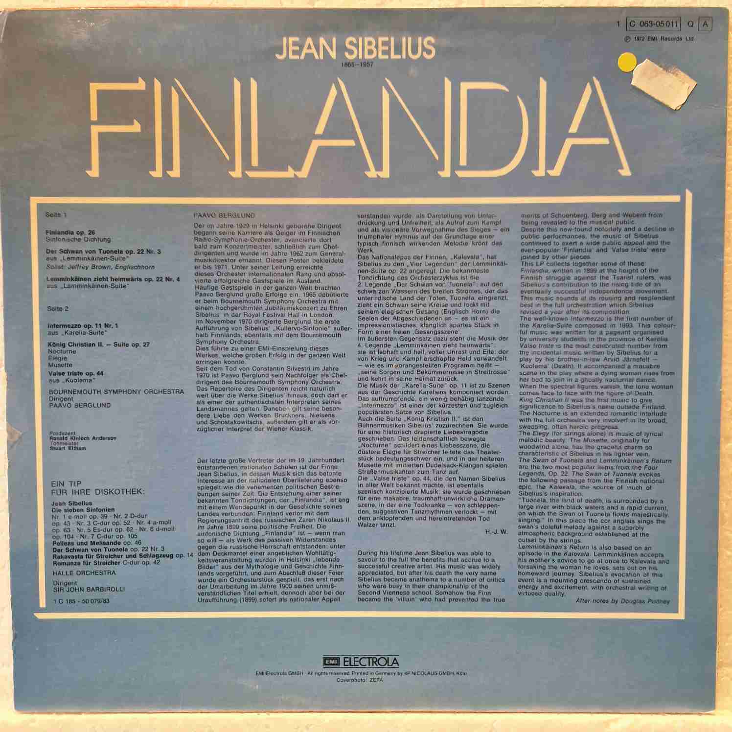 Jean Sibelius / Bournemouth Symphony Orchestra / Paavo Berglund – Finlandia Disc vinil LP - imagine 2