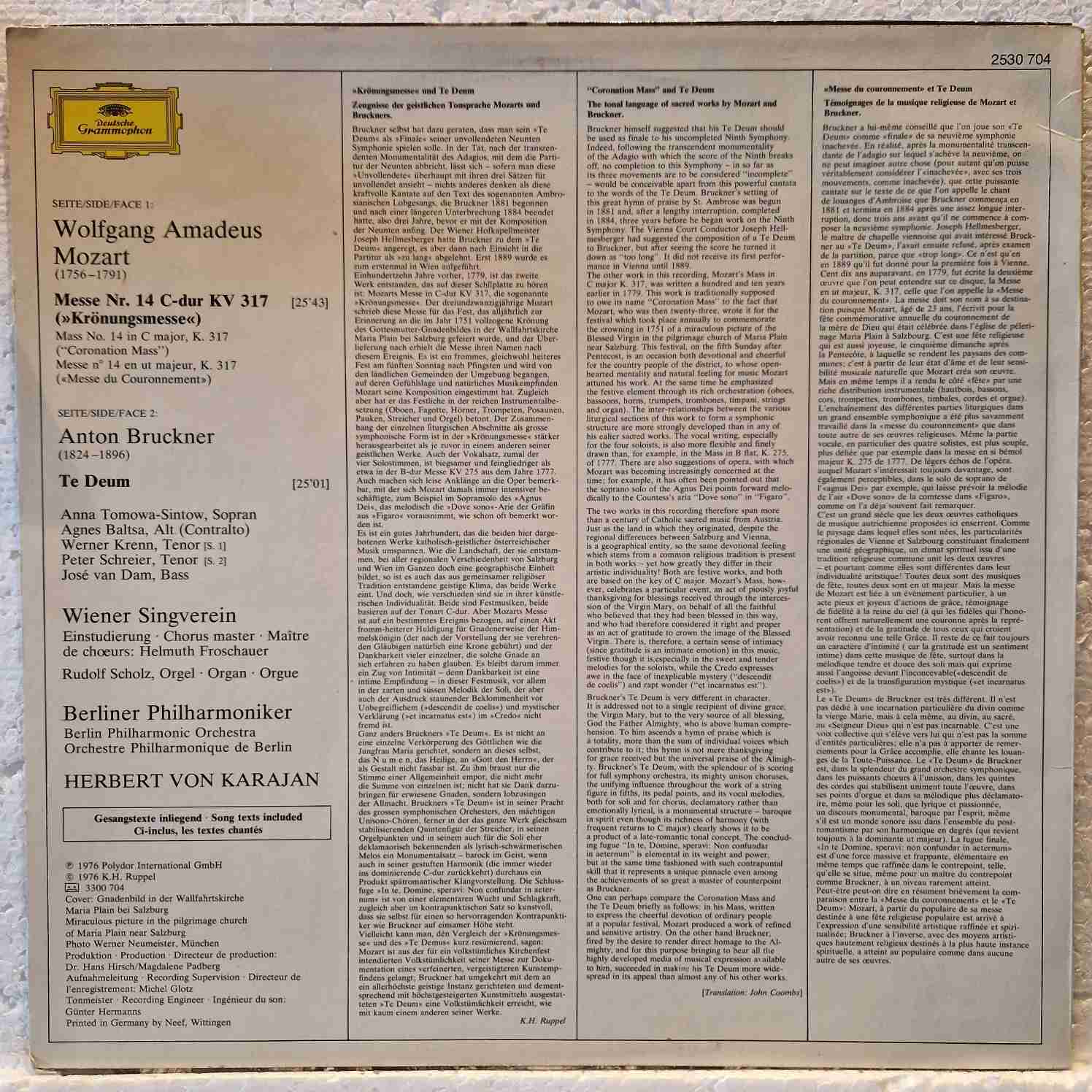 Mozart * / Bruckner * – Anna Tomowa-Sintow , Agnes Baltsa , Werner Krenn , Peter Schreier , José van Dam , Wiener Singverein , Herbert von Karajan & Berliner Philharmoniker –Messe Du Couronnement / Te Deum Disc vinil LP - imagine 2