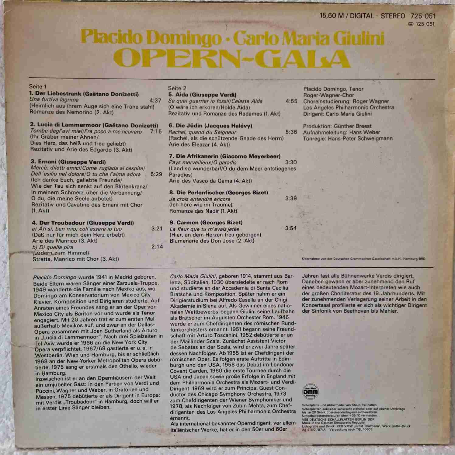 Placido Domingo, Carlo Maria Giulini, Los Angeles Philharmonic Orchestra – Opern-Gala Disc vinil LP - imagine 2