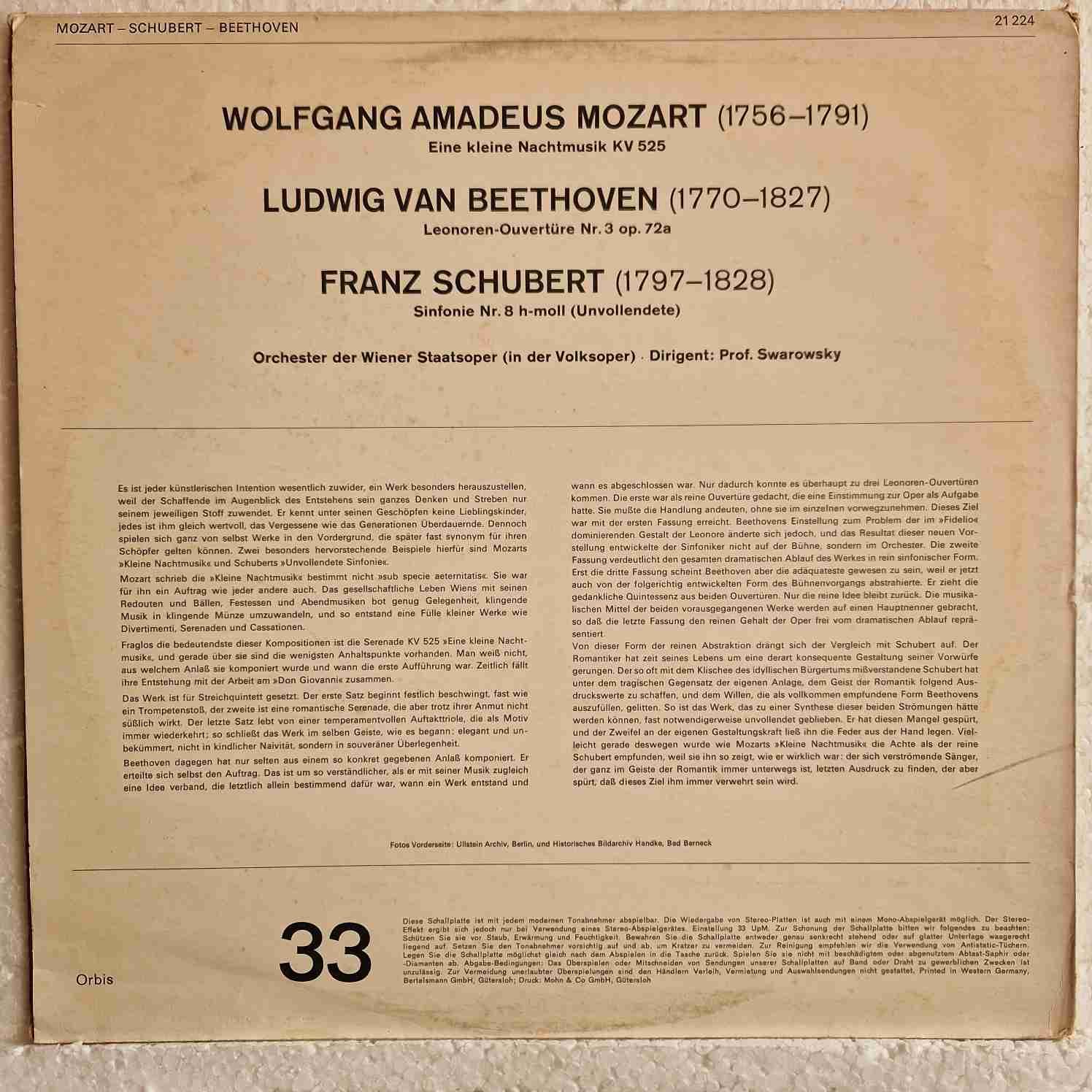 Wolfgang Amadeus Mozart / Franz Schubert / Ludwig van Beethoven – Eine Kleine Nachtmusik, KV 525 / Sinfonie Nr. 8, H-moll (Unvollendete) / Leonoren-Ouvertüre Nr. 3, Op 72a Disc vinil LP - imagine 2
