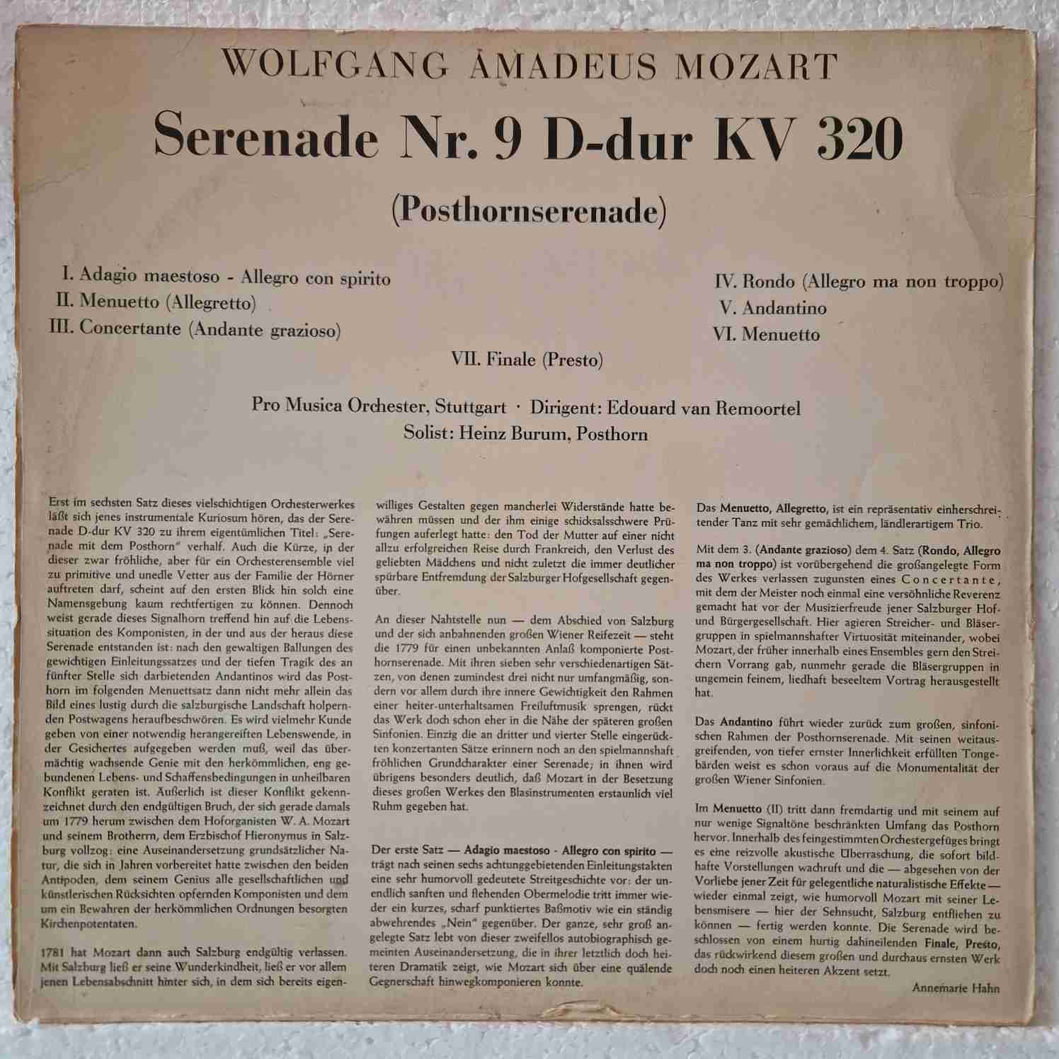 Wolfgang Amadeus Mozart, Pro Musica Orchester*, Edouard Van Remoortel – Serenade Nr. 9 D-dur KV 320 - Posthornserenade Disc vinil LP - imagine 2